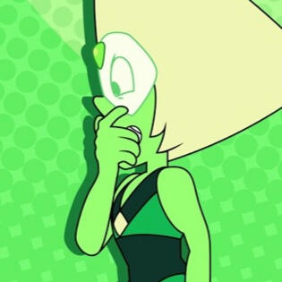 Peridot with his hand over his mouth. He is facing the left and looks deep in thought.