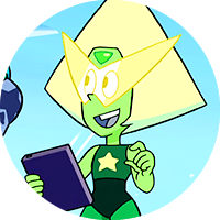 A frame of Peridot from Steven Universe: The Movie. He is holding his tablet in one hand and is looking to the left.