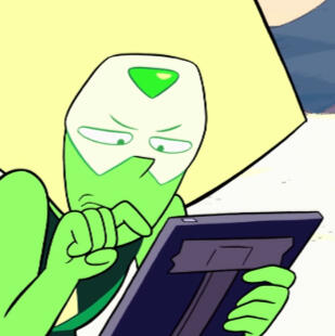 A frame of Peridot from Steven Universe. He is holding his tablet and tapping angrily on it.