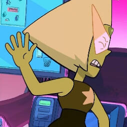 A frame of Peridot from Steven Universe: The Movie. His hand is up and his head is turned away in disgust.